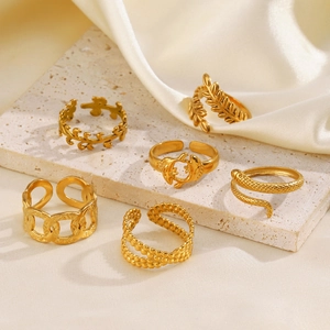 Set of 6 gold adjustable stainless steel rings with hammer chain and snake designs