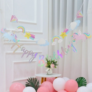 Rainbow unicorn happy birthday banner with laser glitter letters for party decoration
