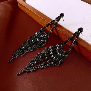 Boucles d'oreilles pendantes géométriques noires vintage avec strass et tiges en argent