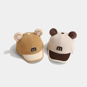 Winter baby baseball caps with bear ears and 'm' embroidery in khaki and cream