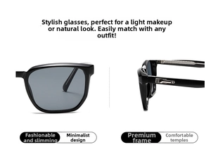 Detail of square black sunglasses featuring silver metal geometric decorative hinges