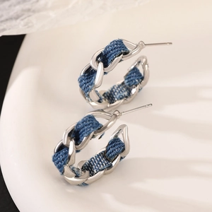 Chic silver chain and blue denim fabric woven C-shaped hoop earrings for women