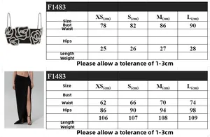 Size chart showing bust and waist measurements for rhinestone rose top and slit skirt set