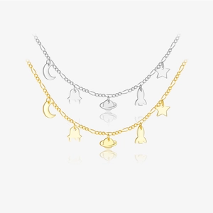 S925 Sterling Silver Space Theme Necklace Star Moon Planet Rocket UFO Multi-Pendant Figaro Chain For Women Jewelry Gift