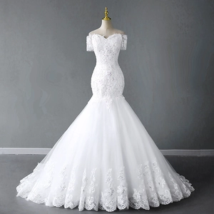 Elegant Mermaid Wedding Dress Off The Shoulder Lace Sequin White Tulle Bridal Gown With Long Train For Bride