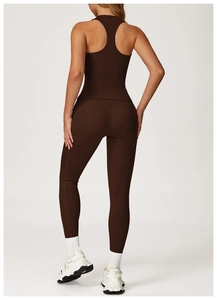Detailed back view of a brown racerback tank top and high-waist seamless sports leggings