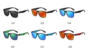 Detailed view of polarized sports sunglasses showing six color variants and patterns