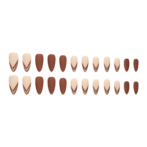 Brown almond press-on nails with matte finish and gold glitter accents, 24 piece set