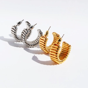 Chunky Ribbed C Hoop Earrings Gold Plated Brass With 925 Sterling Silver Earring Post Spiral Texture Geometric Style