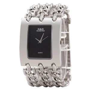 Women's quartz wristwatch with silver chain link strap and a minimalist black square dial