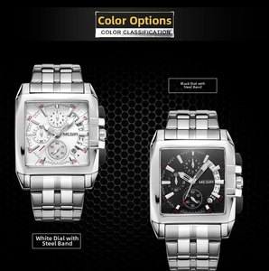 Confronto dettagliato di orologi quadrati in acciaio argento con quadranti cronografici