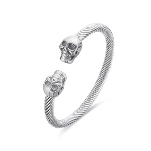 Hip hop skull cuff bracelet with twisted wire design in polished stainless steel finish