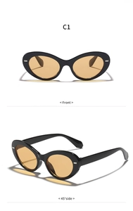 Retro oval sunglasses with thick black frame and amber yellow lenses in dual views