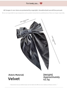 Detailed view of grey velvet bow hair clip showing 21cm width and 37cm length measurements