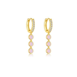 Elegant gold earrings with round pink gemstones and white diamonds on white background