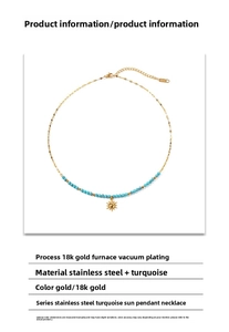 Détail du collier pendentif soleil turquoise en plaqué or 18k sur acier inoxydable