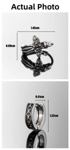 Macro display of vintage stainless steel cross stud and chain embossed hoop earrings