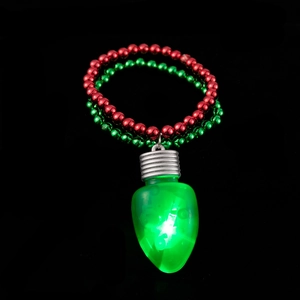 Christmas beaded bracelet with glowing green LED bulb charm and festive red beads