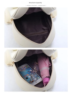 Detail view of the cream mini backpack interior showing capacity for a phone and umbrella