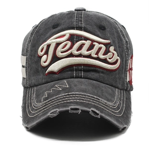 Retro washed charcoal denim baseball cap with Jeans embroidery and distressed brim detail