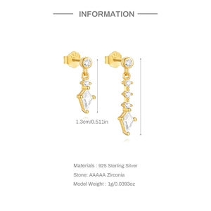 Detail view of gold S925 silver earrings with dimensions showing 1.3cm height and zircons