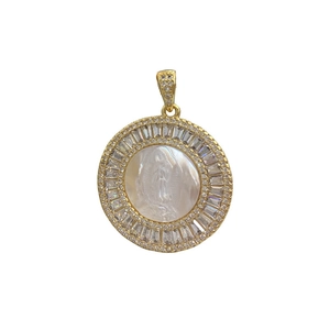 Golden Virgin Mary shell pendant with sparkling cubic zirconia and rectangle crystals
