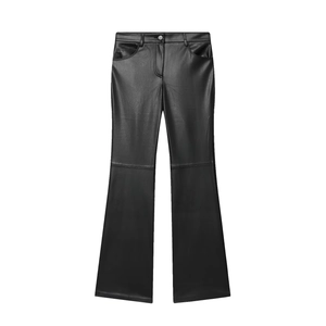 Women's high-waisted black faux leather flared pants with a slim-fit polished finish