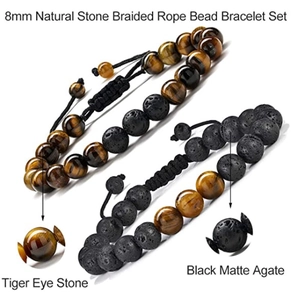 Tiger eye and black lava stone 8mm beaded bracelet set with braided rope for men