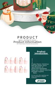 Détails de faux ongles de Noël avec motifs de bonhomme de neige et de pull et emballage