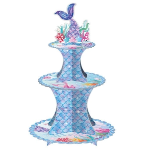 Three-tier mermaid themed cardboard cupcake stand with colorful scales and ocean patterns