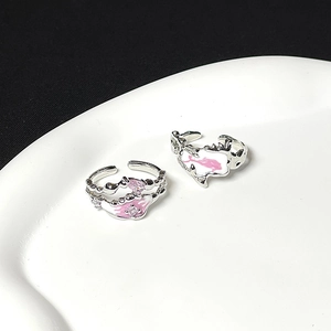 Minimalist silver open rings with pink enamel and sparkling heart zircon stones