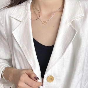 Minimalist 925 sterling silver necklace and bracelet set with golden CD link charms