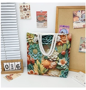 Detail of canvas tote bag with succulent floral prints and thick cotton rope handles