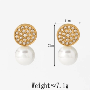 Detail showing 21mm length and 11mm width of gold-plated pearl drop earrings with crystals