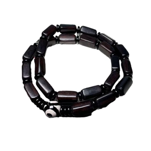 Handcrafted ebony and sandalwood multi-layer bracelet with vintage Dzi bead decor