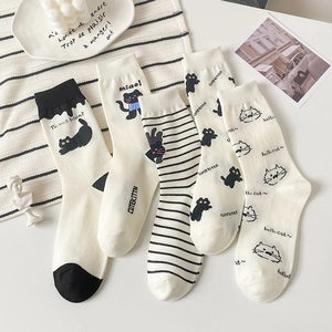 Women Crew Socks Cotton Cute Cartoon Cat Pattern Striped Casual Sweet Mid Calf Socks Breathable Fashion White Hosiery
