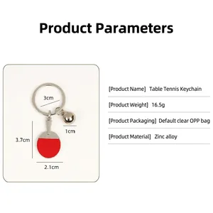 Table tennis paddle keychain with red rubber and silver ball detail in zinc alloy