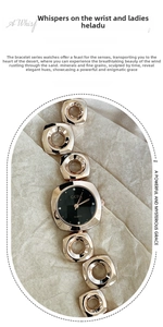 Detail of rose gold bracelet watch with unique hollow square links and black dial face