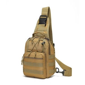Detail of khaki tactical chest bag showing MOLLE webbing and durable nylon fabric texture
