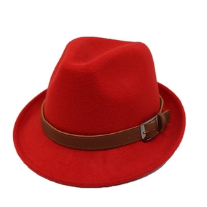 Classic red wool fedora hat with a brown leather decorative belt and silver buckle