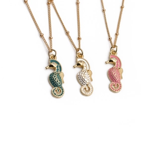 Seahorse Pendant Necklace Copper Zircon Enamel Gold Plated Colorful Dainty Bead Chain Jewelry For Women