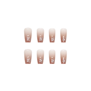 Medium coffin press-on nails with gradient brown to white, glitter flowers and pearls