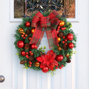 Christmas Wreath With Red Plaid Bow Pine Cones Red Gold Balls Poinsettia For Front Door Wall Window Festive Decor