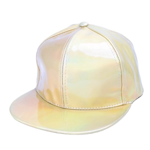 Metallic rainbow PU leather snapback baseball hat with flat brim and shiny finish