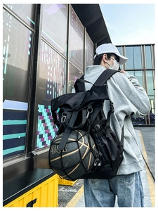 Detail view of multifunctional sports backpack with external mesh net holding a basketball