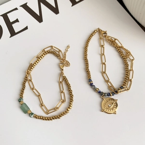 Double Layer Stainless Steel Bracelet For Women Natural Stone Evil Eye Charm Gold Plated Layered Chain Fashion Jewelry