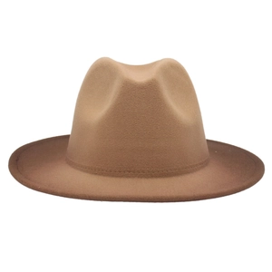 Detail shot of camel wool fedora hat with fine stitching and classic C-crown shape