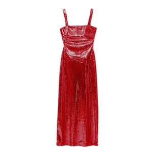 Elegant red sequin backless maxi dress for women with slim fit and spaghetti straps