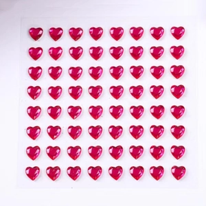 Deep pink heart-shaped acrylic gemstone stickers in 8x8 grid for DIY crafts and decor