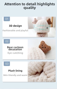 Detailed view of plush bear hat with 3D ears, cartoon decor and warm fleece lining